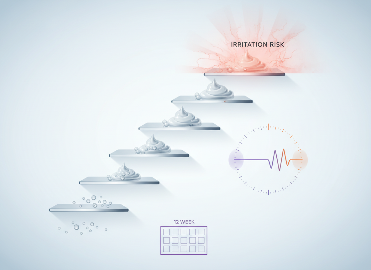 courierpharmacy.co.uk technical diagram showing an unlabelled stepped ladder of increasing cream droplets with a dial suggesting increased weekly frequency and a small calendar grid