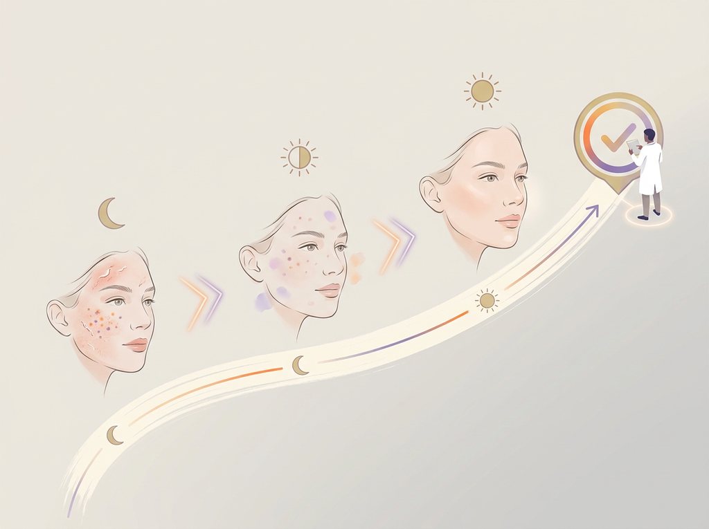 Illustrated twelve-week acne treatment path showing early dryness and flare, improving skin, and a review checkpoint, courierpharmacy.co.uk.